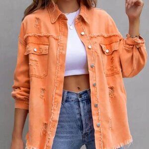 Orange Distressed Denim Shacket | Oversized Button-Up Jacket | NWT